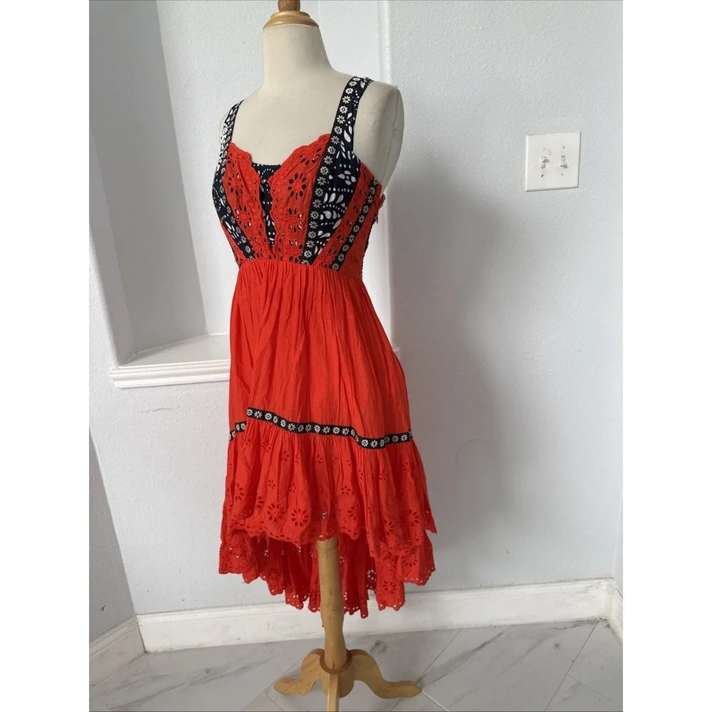 Free People‎ Midi Dress 0 Red Eyelet Bossa Nova Boho Hi-Low Embroidered Festival
